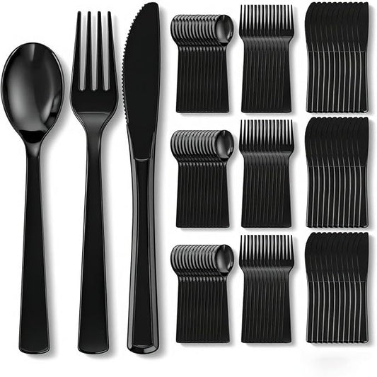 EI 360pcs Black Plastic Silverware,Disposable Cutlery,Plastic Silverware Heavy Duty,Plastic Spoons and Forks include 120pcs Forks,120pcs Spoons and 120pcs Knives,for Wedding,Birthday,Tea Party