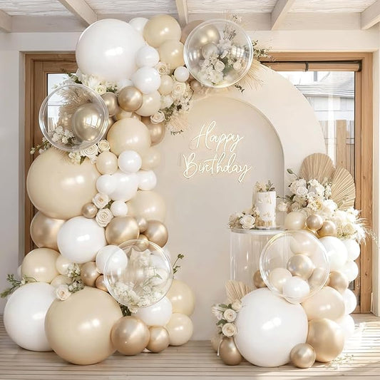 White and Gold Balloons Arch Kit, 128pcs Gold and White Balloons Garland with Chrome Gold White Sand Beige Cream Balloons Garland Kit for Wedding Bridal Shower Birthday Party Gender Reveal Decorations