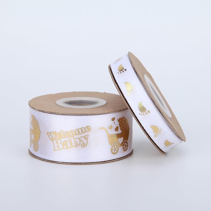 Meseey 20 Yards Welcome Baby Ribbon White and Gold Foot Print Ribbons for Crafts Cake Baby Shower Birthday,Gift Wrapping, Party Decoration (1"+3/8", White-wb)