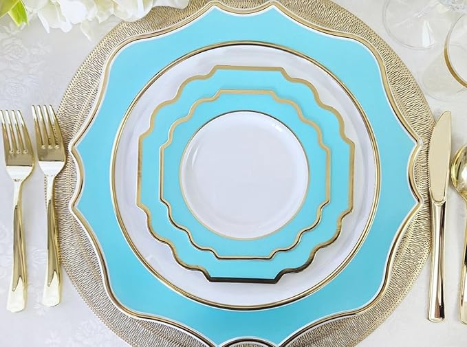 OCCASIONS 720 Pcs set (120 guest) Wedding Disposable Plastic Plate and Silverware Combo 10.5" + 8" + Silverware (Double Fork) (Imperial in White/Aqua & Gold Rim, Gold Silverware)