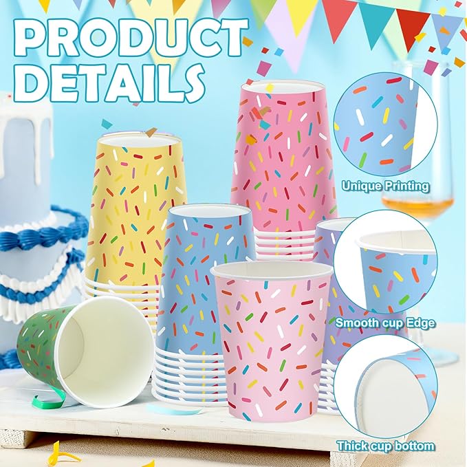 Yungyan 60 Set 6 Colors Sprinkle Paper Cups Bulk 9 oz Confetti Donut Sprinkles Party Cups Sturdy Disposable for Sweet Party Supplies Birthday Wedding Decorations Baby Shower Holiday Celebrations