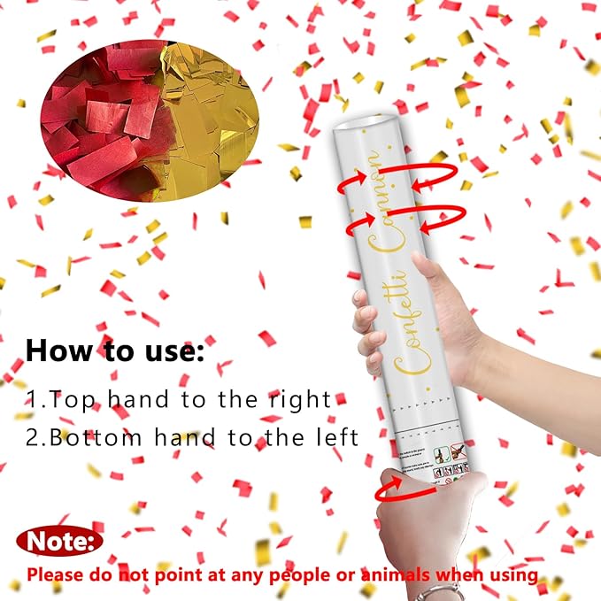 12" Red & Gold Confetti Cannons - Party Poppers for Wedding Birthday Graduation New Year Celebrations - Easy-to-Use - Pack of 4