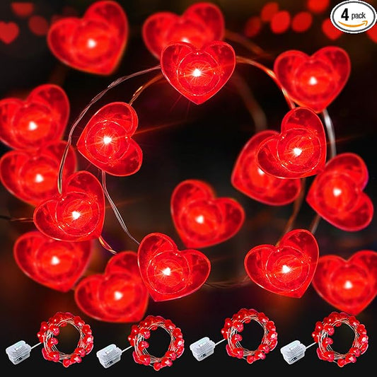 AIKEI 4 Pack Valentines LED Fairy Lights Battery Operated, Red Heart String Lights Waterproof 7 Feet 20 Led Firefly Starry Lighting for Wedding Party Bedroom Table Valentine's Day Decoration