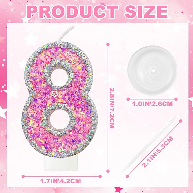Number 8 Birthday Candle for Cake – Silver Glitter Edge with Pink Star Confetti – Decorative Number Cake Topper for Anniversary & Celebration Party Decor