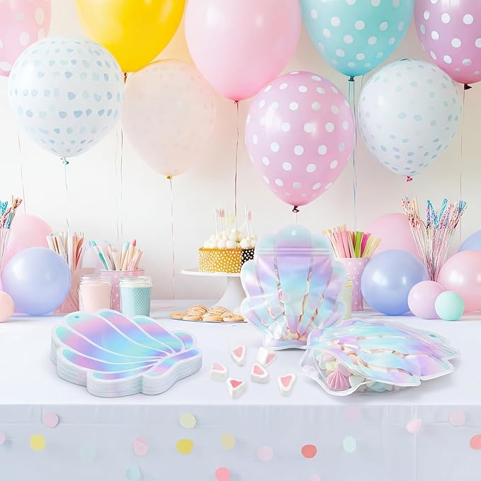 Resurhang 60 Pcs Mermaid Party Zipper Treat Bags Cute Seashell Food Goodie Gifts Bags Resealable Under the Sea Aquatic Nautical Theme Snack Candy Containers for Summer Ocean Beach Supplies