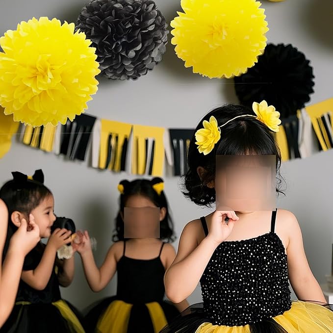 Capesaro Black and Yellow Tissue Paper Pom Poms, 15PCS Tissue Paper Flowers for Birthday Party Decorations, Bee Classroom Decor Wedding Baby Shower Home Decoration