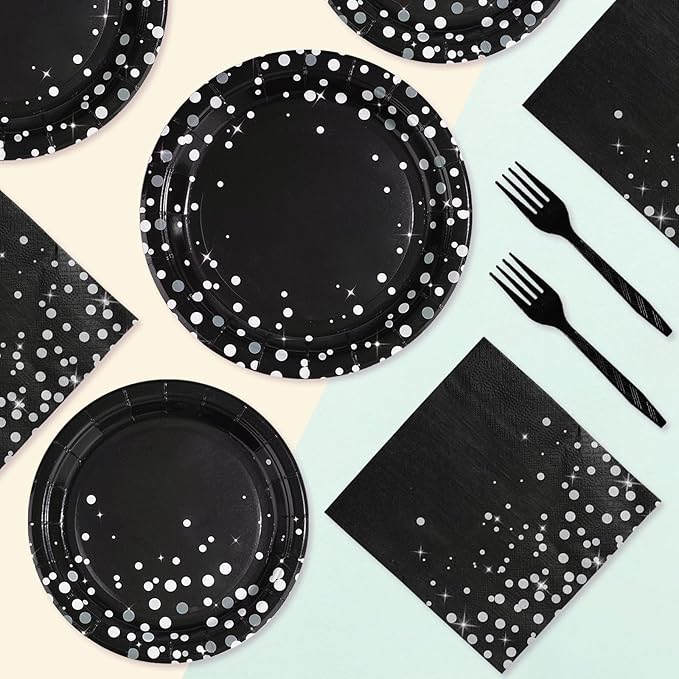 Grencian 96Pcs Black and Silver Party Decorations White Silver Dot on Black Paper Plates Graduation Birthday Paper Tableware Set for Birthday Retirement Wedding Prom Graduation Party Supplies Serve 24