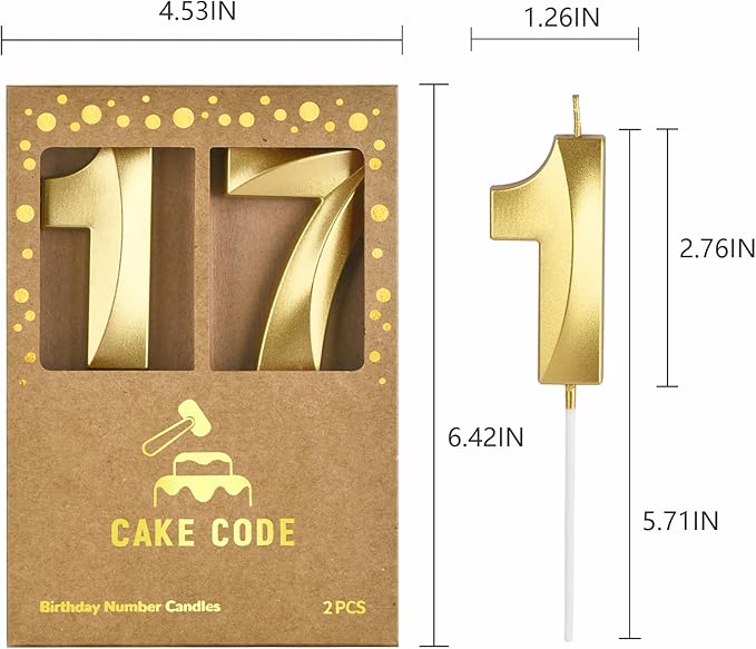2.76 Inch Diamond Gold 17 Number Birthday Candles, Gold and Cake Number Candles for Party Celebration