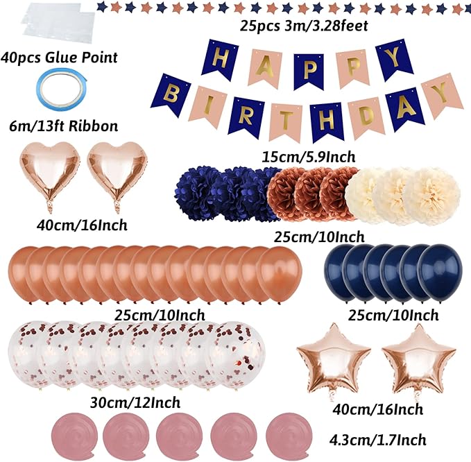 ZERODECO Navy Blue & Rose Gold Birthday Party Decorations - Happy Birthday Banner, Paper Pompoms, Balloons for Boys, Girls, Men & Women