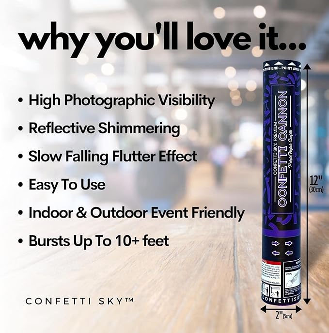 Confetti Sky [6 Pack] 12 Inch Confetti Cannons | Purple Confetti Poppers for Wedding Celebration, Birthday Party, Pranks, Graduation, Christmas Eve and New Year Celebration