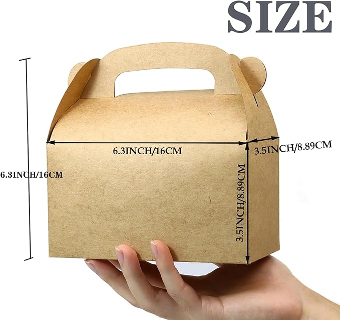 24-Pack Brown Party Favor Treat Boxes, Goodie Gable Paper Gift Boxes with Handles. Perfect for Birthday, Babyshower, and Any Fun Party