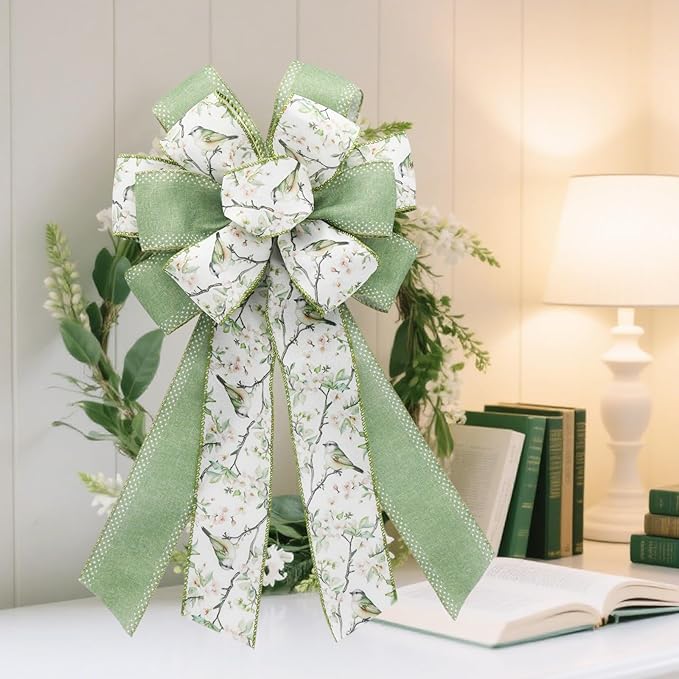 Sage Green Bird Floral Wired Ribbon Set, 2 Rolls 2.5 Inch x 10 Yards Total, Vintage Botanical Bird Ribbon for Wreaths, Bows, Gift Wrapping, Wedding Decor, Spring Summer Crafts