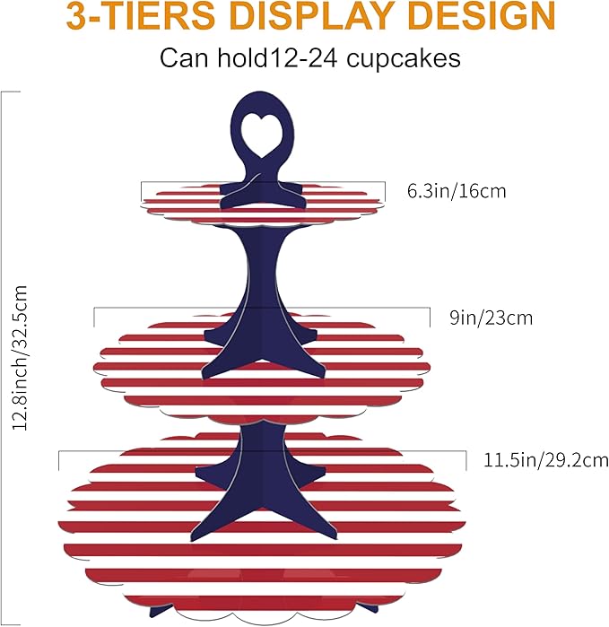 Patriotic Cupcake Stand, 3-Tier Red White Blue Cardboard Dessert Tower, Independence Day Memorial Veterans Day Party Decorations, American Flag Theme Dessert Display (2-Pack)