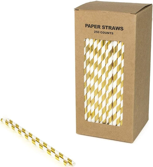 Gold Foil Striped Paper Straws Bulk, Shiny Metallic Golden Paper Drinking Straws for Wedding 1st Birthday Party Holiday Christmas Anniversary New Year, Cake Pop Sticks (Gold Foil Stripe, 250)