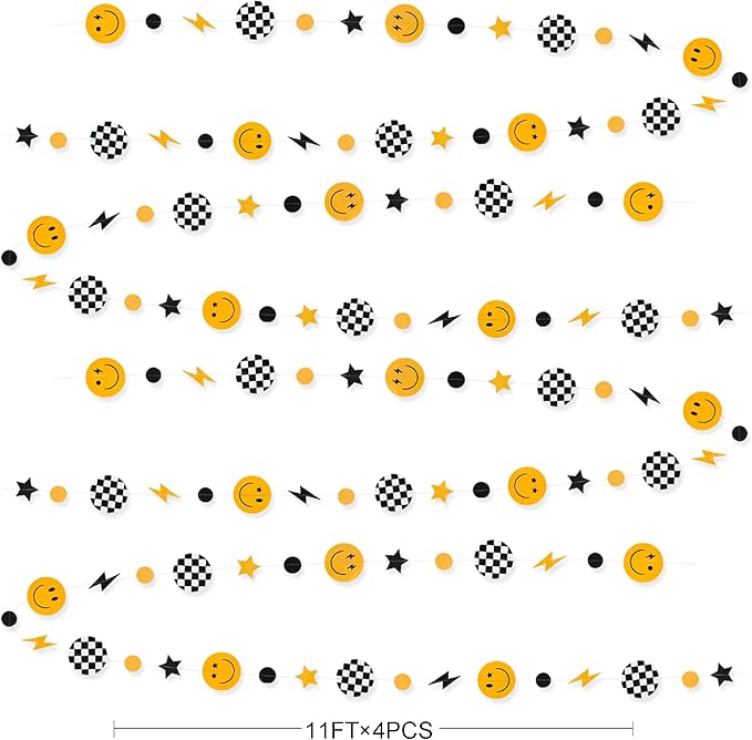 One Happy Dude 1st Birthday Decorations Black Yellow Smile Face Lightning Star Checkered Circle Dot Smiley Face Garland Streamer for Baby Shower First Birthday Wedding Hippie Party Decoration Supplies