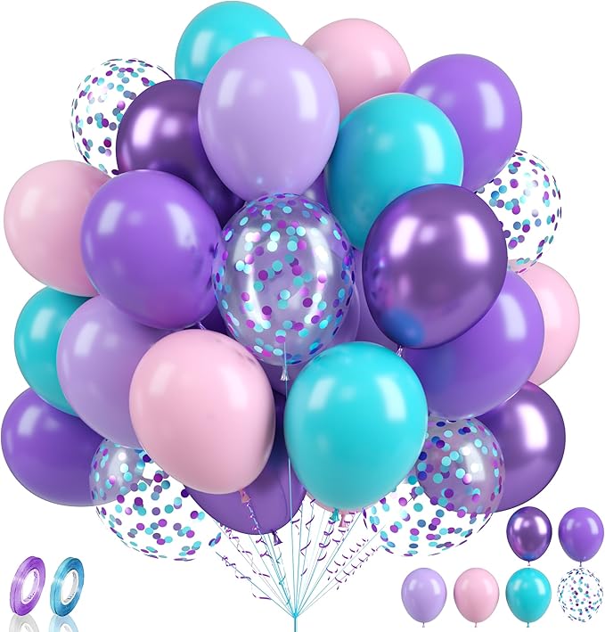 Mermaid Party Balloons, 60PCS Purple Pink Blue Balloons, 12Inch Metallic Purple Teal Blue Confetti Latex Balloon Helium for Girls Mermaid Theme Birthday Baby Shower Wedding Party Decorations