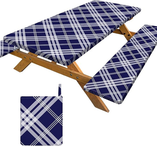 Picnic Table Cover with Bench Covers Portable Table Cloth Built-in Storage Pocket Picnic Table Covers With Elastic Waterproof Camping Essentials for RV Camping