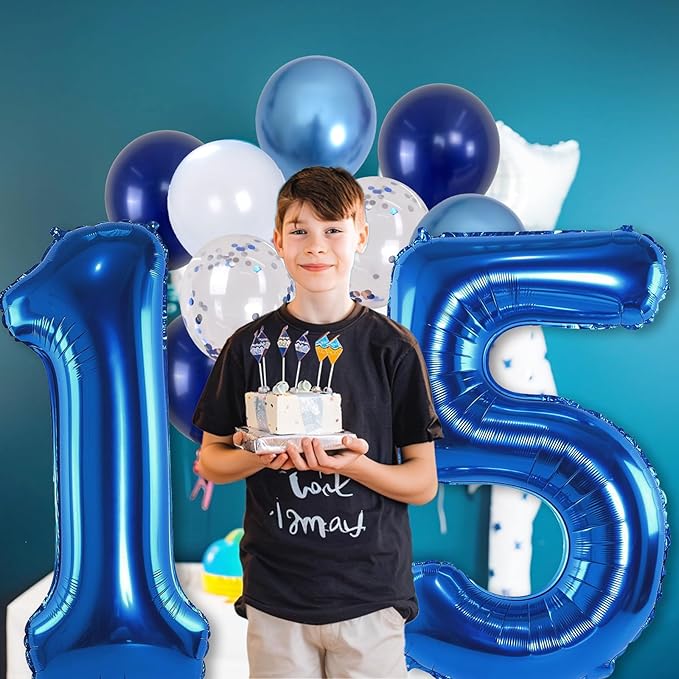 15th Birthday Balloon for Boys, Foil 40 Inch Self Inflating Number 15 Metallic Dark Blue, Navy Blue Mylar Large Balloon with Silver Confetti Latex for Men Birthday Party Decorations