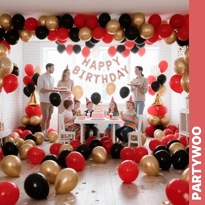 PartyWoo Red Black and Gold Balloon Arch Kit Garland 142pcs Different Sizes of 18 12 10 5 Inch Matte Black Red Metallic Gold Confetti Balloons for New Year's Eve Graduation Birthday Party Decorations
