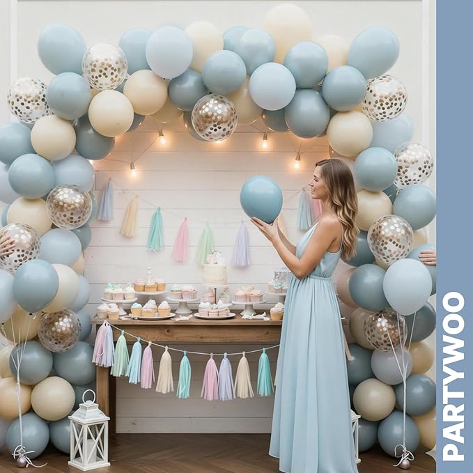 PartyWoo Dusty Blue Balloons 66pcs 12 Inch Light Baby Slate Blue Off White Sand Metallic Gold Boho Confetti Balloons for Graduation Boy Baby Shower Gender Reveal Birthday Wedding Party Decorations