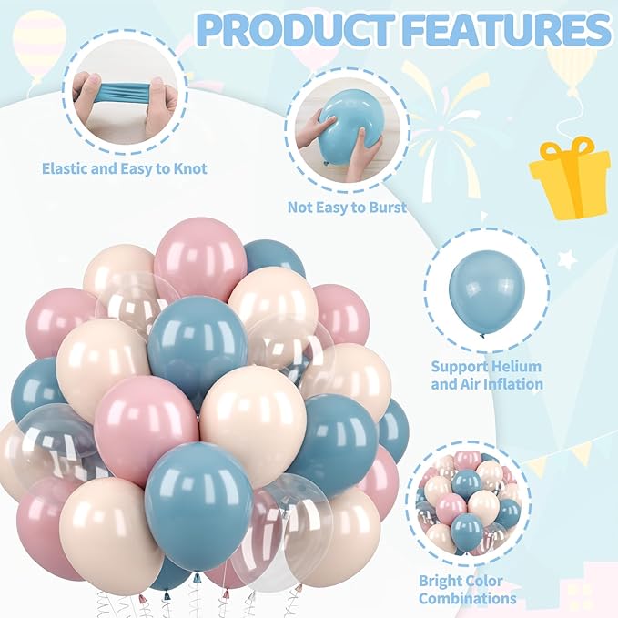Dusty Pink Blue Balloons Set, 60 Pcs Gender Reveal Balloons, Retro Blue Pink Slate Blue Beige Ivory White Clear Latex Balloon Helium for Boy or Girl Birthday Neutral Baby Shower Party Decorations