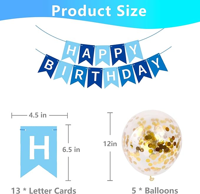 Happy Birthday Banner Sign Bunting Hanging Decorations with Shiny Gold Balloons Birthday Party Sign Decor for Party Supplies(Blue+White)