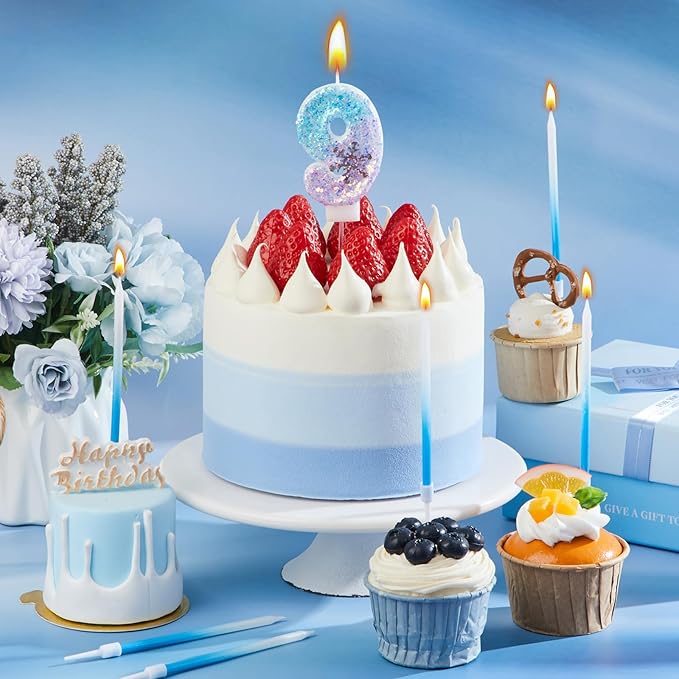 MTLEE Number 9 Birthday Candle Blue Snowflake with 6 Long Thin Cupcake Candles Blue Sparklers Glitter Number Happy Birthday Cake Topper Decorations for Winter Party Supplies