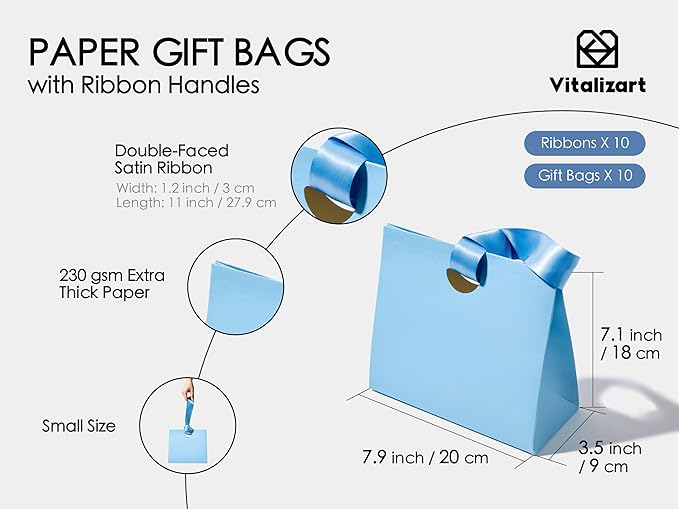 Vitalizart Paper Gift Bags With Ribbon Handles Set of 10 Assorted Colors Bulk Reusable For Gift Wrap Girls Kids Birthday Bridal Shower Party Favors Goodie Bags Candy Christmas 7.87"x3.54"x7.09" Small
