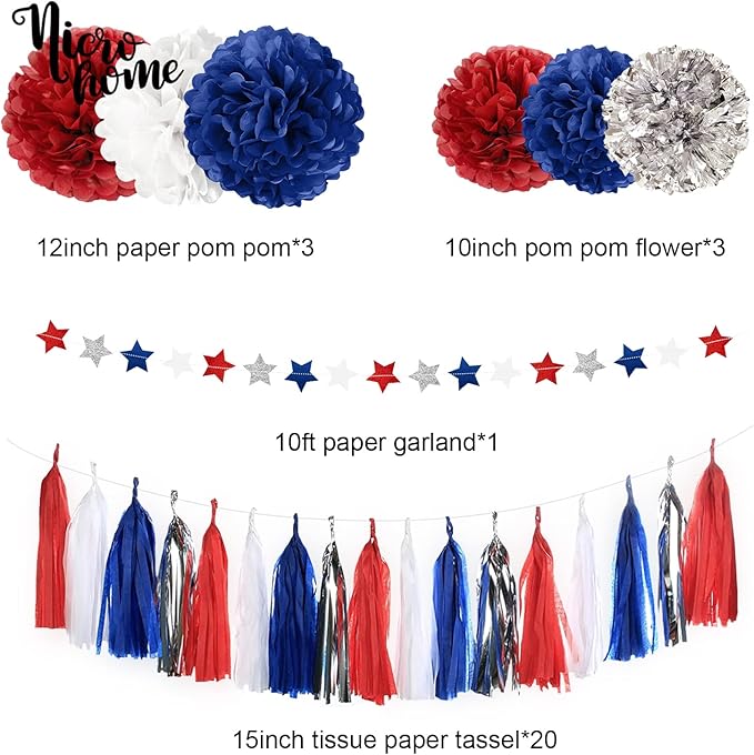 4th of July Patriotic Decorations Set - 27 PCS Red White and Blue Party Supplies for America Independence Day, Memorial Day, Happy Birthday America