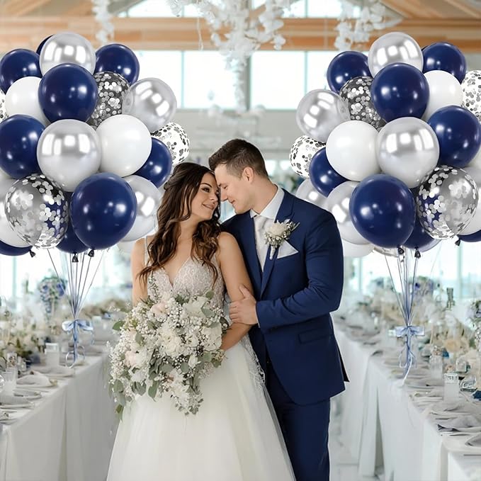 Zesliwy Navy Blue Silver Balloons Kit,50pcs 12inch Royal Dark Blue Metallic Silver White Balloon with Confetti Latex Balloon for Wedding Graduation 2026 Birthday Anniversary Party Decorations