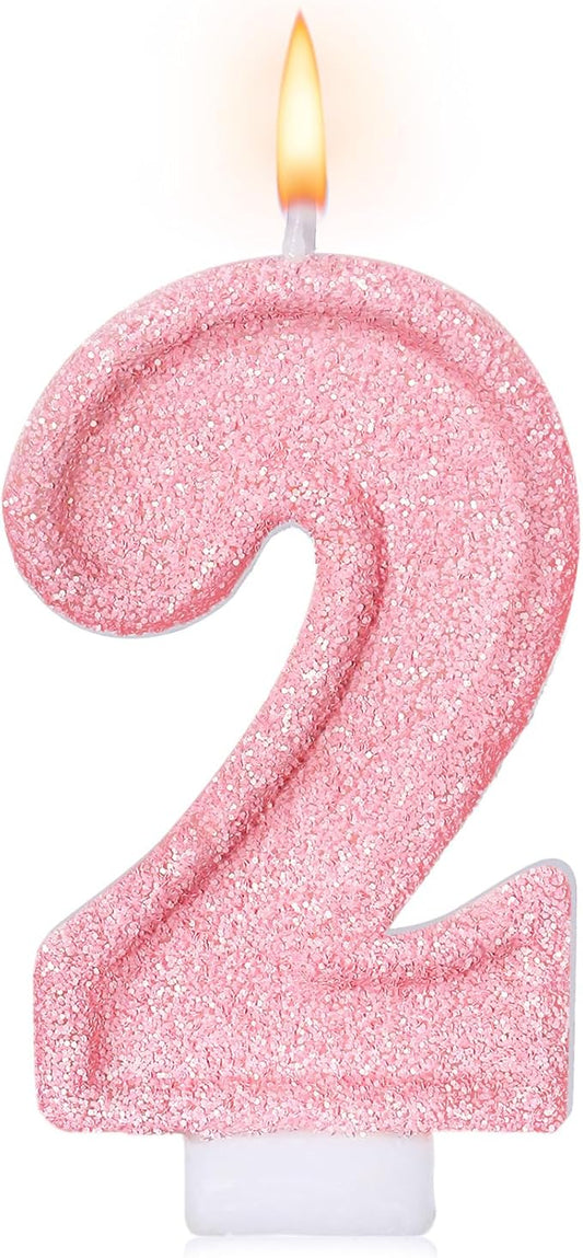 Cute Number 2 Birthday Candle, Glitter Pink Number Candles, Birthday Cake Topper Decoration, Party Supplies Anniversary Celebrations