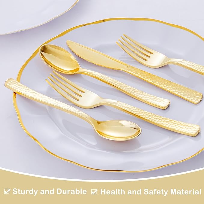 Supernal 180pcs Gold Plastic Silverware Set, Elegant Hammered Design Disposable Cutlery (60 Forks, 60 Spoons, 60 Knives), Heavy Duty Plastic Utensils for Weddings, Graduation Parties 2026 & Catering