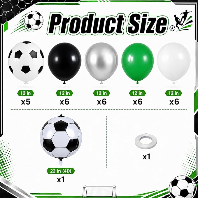 Soccer Balloons, 12 Inch Green Black White Metallic Silver Latex Balloons with Soccer Ball 4D Foil Balloon for Boys Kids Sport Theme Birthday Decorations Football Lover Men Party Baby Shower Decor