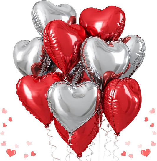 Red Silver Heart Balloons, 18 Inch Red and Silver Heart Shape Foil Balloons for Valentines Day Birthday Wedding Baby Shower Party Decorations Pack of 10