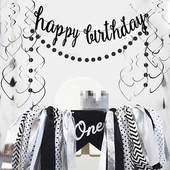 Black Happy Birthday Banner Decoration Kit, Glittery Banner Circle Dots Garland with Black Silver Hanging Swirls for Birthday Baby Shower Party Decorations Supplies, Pre-Strung
