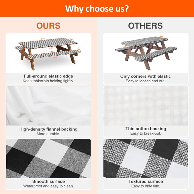 6ft Picnic Table and Bench Cover, Camping Essentials RV Gear, 72in Waterproof Windproof Outdoor Elastic All Around Tablecloth, Fitted Rectangle Tables and Seats, Gray-White Moroccan