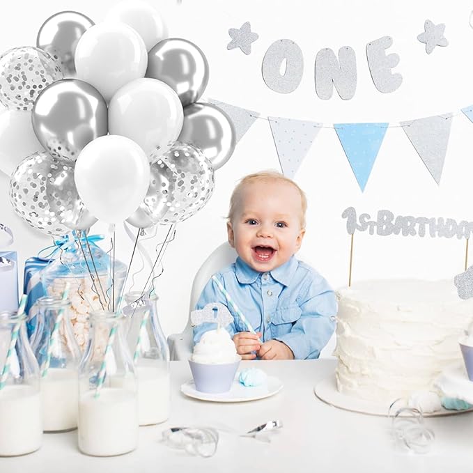 Patimate White and Silver Balloons Set, 50 pcs 12 inch Metallic Silver White Confetti Latex Balloons Kit for Birthday Wedding Anniversary Baby Shower Party Decorations