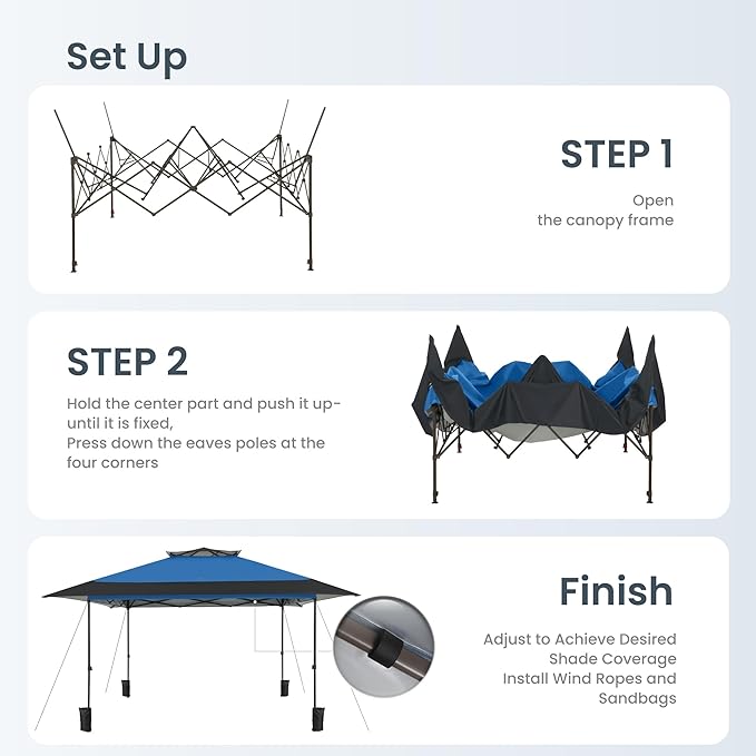 PHI VILLA 13x13 Pop Up Canopy Tent Instant Outdoor Party Canopy Easy One Person Set-up Folding Shelter with Auto Extending Eaves 169 Square Feet of Shade, Blue, Oxford Cloth with Stainless Steel Frame