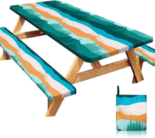 Picnic Table Cover with Bench Covers Windproof Waterproof Picnic Table Covers Camping Tablecloth with Self-Storage Bag, 72in, Orange