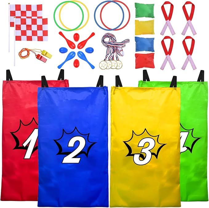 GOLDGE 28 Piece Outdoor Games Kit for Kids - Includes Big Potato Sack Race Bags, Bean Bag Toss, 3 Legged Race Bands, Egg Spoon Relay, for Easter, Christmas & Birthday Parties in The Yard & Lawn