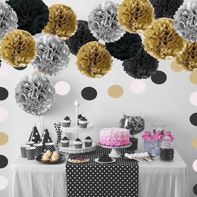 XIKSXITN 12 pc Black Gold Gradient Tissue Paper Pompoms-Hanging Gold Dot White Paper Pom Poms Paper Flowers Ball for Party Decorative(8&10&12 inch)