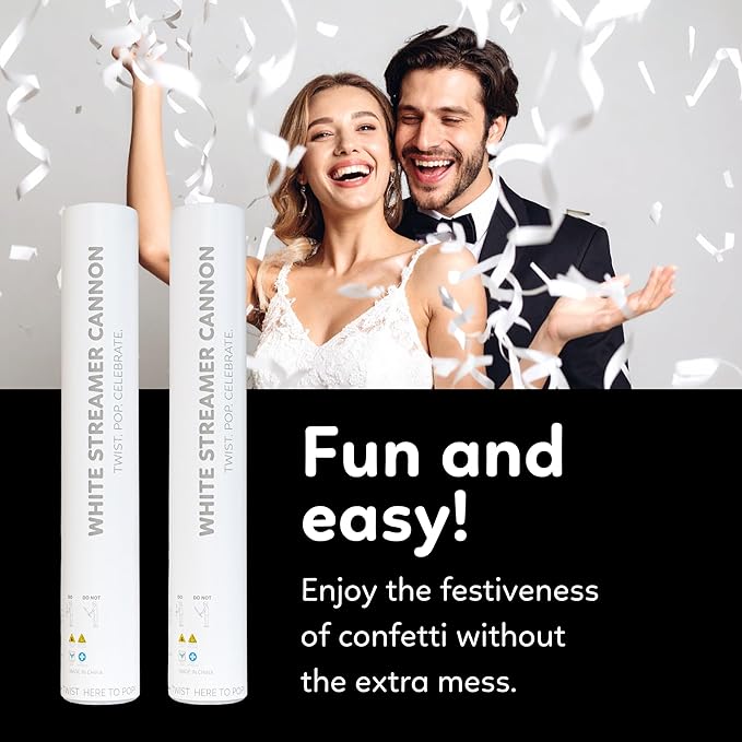 2 Pack Streamer Cannon Confetti Poppers | Biodegradable White Streamers | TUR Party Supplies | Launches Up to 25ft | Giant (12 in) | Party Poppers for Graduation, Birthdays, Weddings, and Memorial Day
