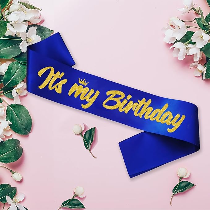 It's My Birthday Sash Royal Blue with Glitter Gold Letters Happy Birthday Sash for Men Boy Bday Gift Ideas Party Favors