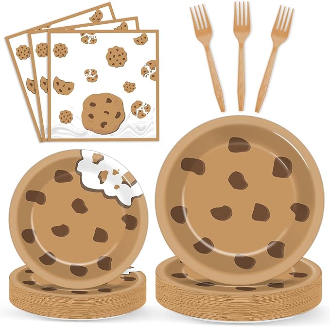 Naozinebi Milk and Cookies Birthday Party Plates Napkins Decorations Chocolate Chip Cookie Tableware Set Cookies Theme Disposable Plate Fork for Kids Boys Girls Birthday Baby Shower Supplies Serve 24