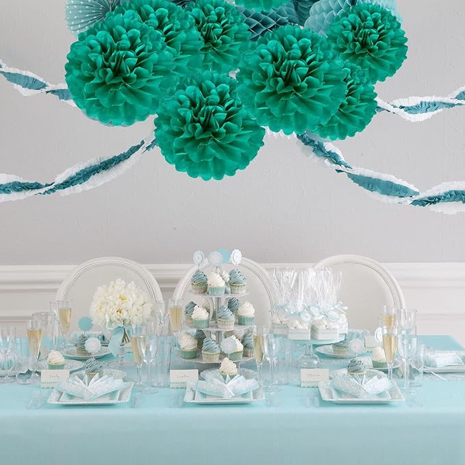 20 PCS Blue Green Tissue Paper Pom Poms, Tissue Pom Poms Flowers, Sizes of 6", 10", 12", 14" Hanging Paper Flower Ball for Wedding, Birthday, Halloween, Christmas, Baby Shower Party Decor