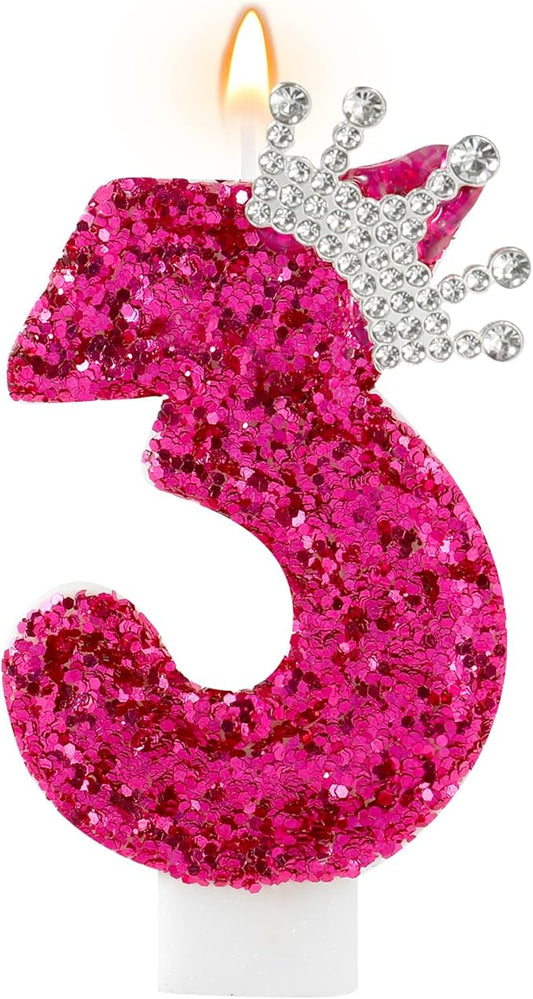 AKURIEEY Hot Pink Birthday Candles Crown Number 3 Candle Birthday Party Decorations Cake Topper Cupcake Decor for Anniversary Celebrations Supplies