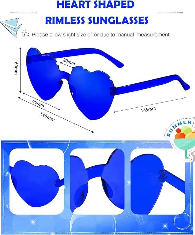 20 Pairs Heart Shaped Sunglasses Bulk, Colorful Rimless Fun Heart Sunglasses for Women Party Favors