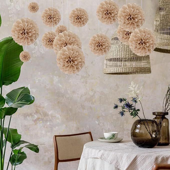 20 PCS Brown Tissue Paper Pom Poms, Tissue Pom Poms Flowers, Sizes of 6", 10", 12", 14" Hanging Paper Flower Ball for Wedding, Birthday, Halloween, Christmas, Baby Shower Party Decor
