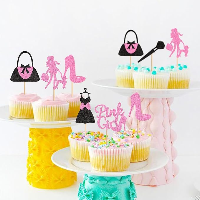 Ercadio 24Pcs Shopping Cupcake Toppers Pink Girl Cupcake Picks Handbag High Heels Dress Food Picks for Fashion Girl Women Birthday Bridal Bachelorette Shopping Party Decorations Supplies