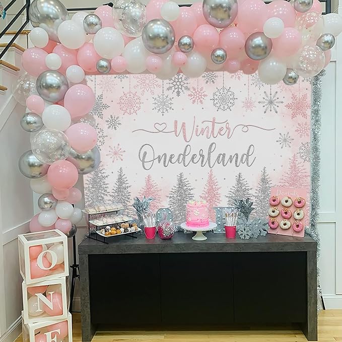 Mocsicka Winter Onederland Backdrop Winter Wonderland First 1st Birthday Party Decoration for Girl Pink Silver Snowflake Christmas Birthday Banner Photo Booth Props (Pink, 10x7ft(120''x82''))